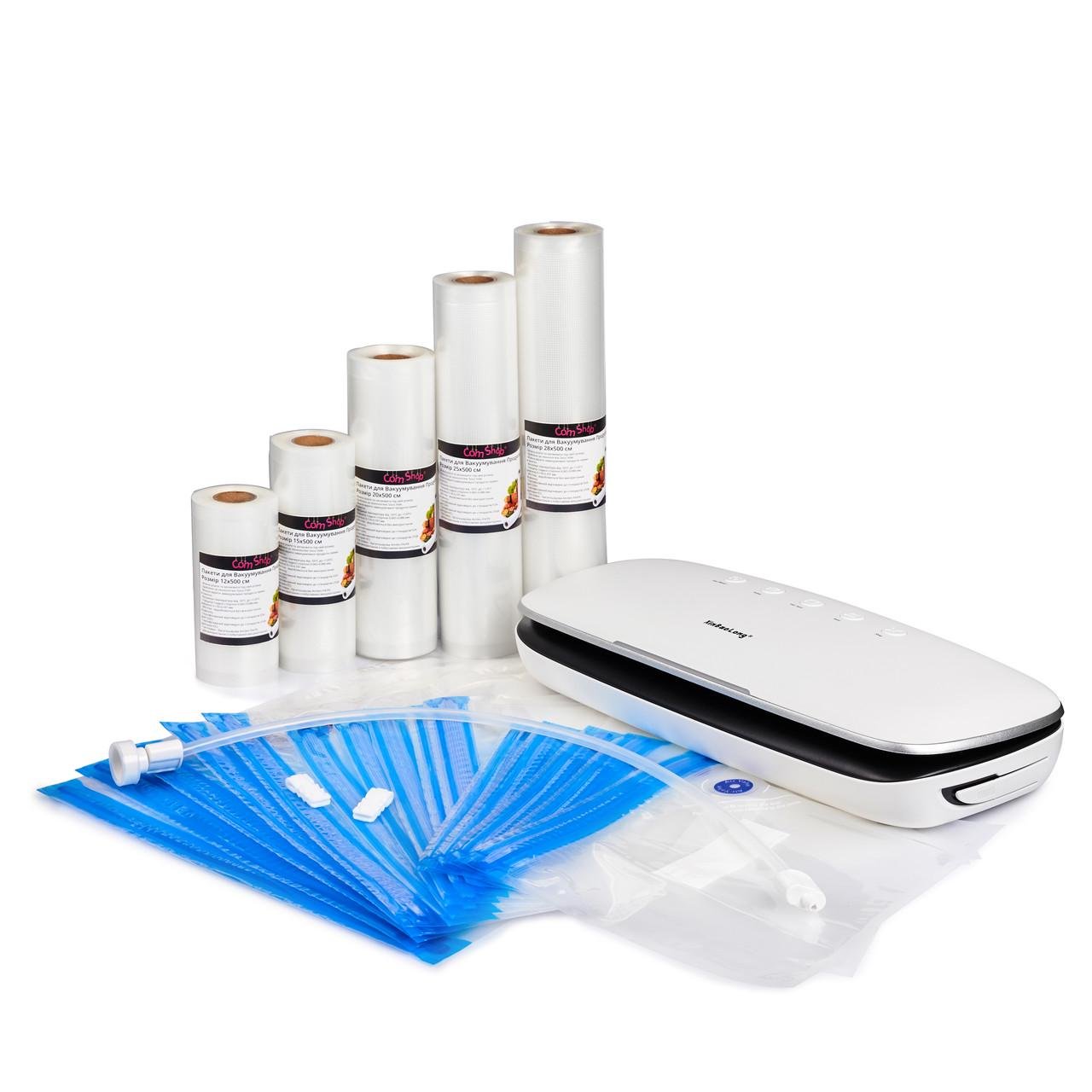 Набор для вакуумирования Comshop вакууматор сухой и влажный режимы/5 рулонов пакетов/15 вакуумных зип-пакетов Белый