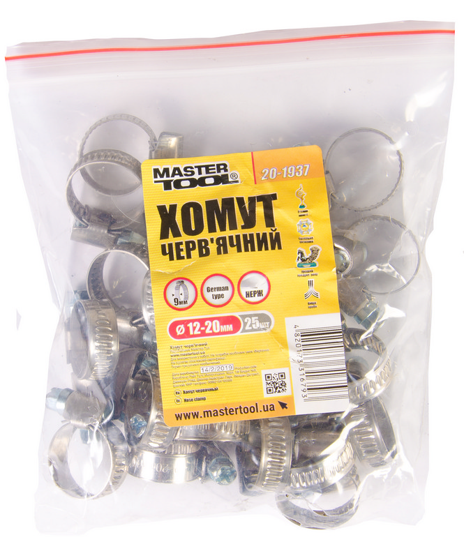 Хомут черв'ячний нержавіючий MasterTool German type 9,0 мм Ø 12-20 мм 25 шт. (20-1937)