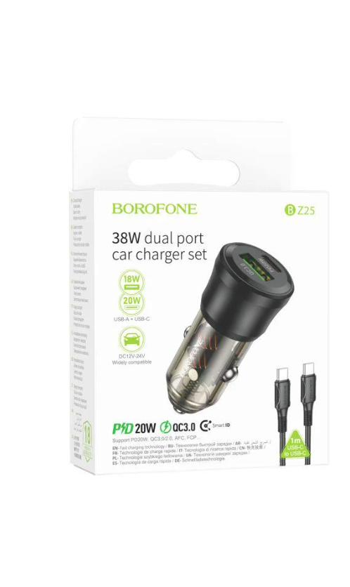 Зарядний пристрій автомобільний Borofone BZ25 1USB/1USB-C QC/PD38W+Type-C to Type-C (27734980)