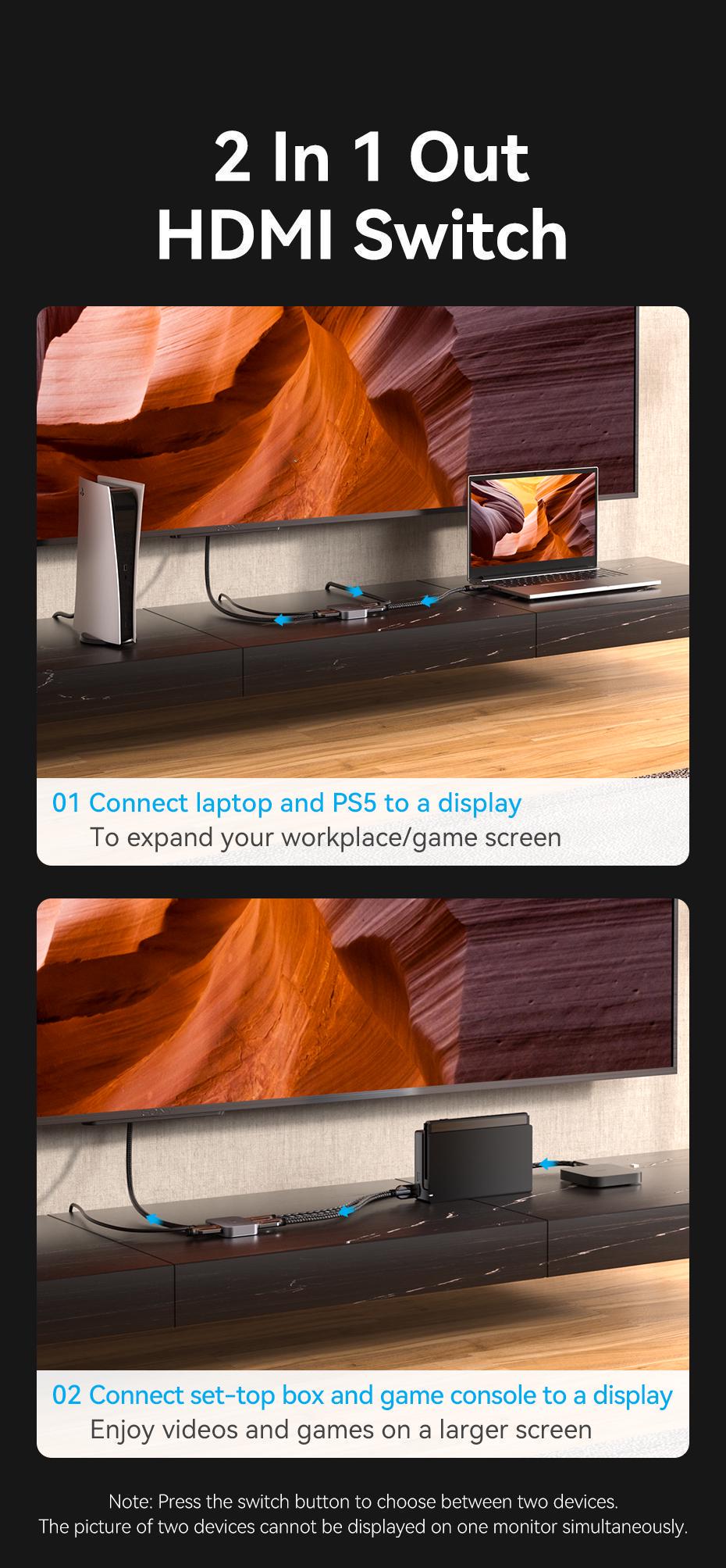 Перемикач Vention HDMI 8K 60Hz 4K 120Hz HDMI 2.1 двонаправлений HDR алюмінієвий Чорний (AKPB0) - фото 5 Перемикач Vention HDMI 8K 60Hz 4K 120Hz HDMI 2.1 двонаправлений HDR алюмінієвий Чорний (AKPB0) - фото 5