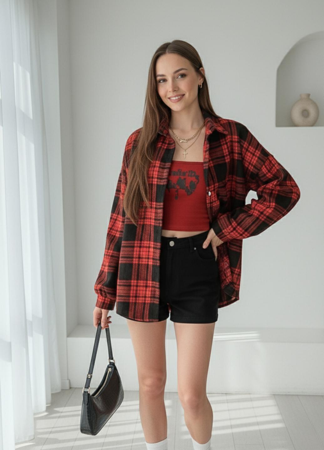 Сорочка жіноча у клітинку на гудзиках G&N 18051 Oversize XL Чорний/Червоний