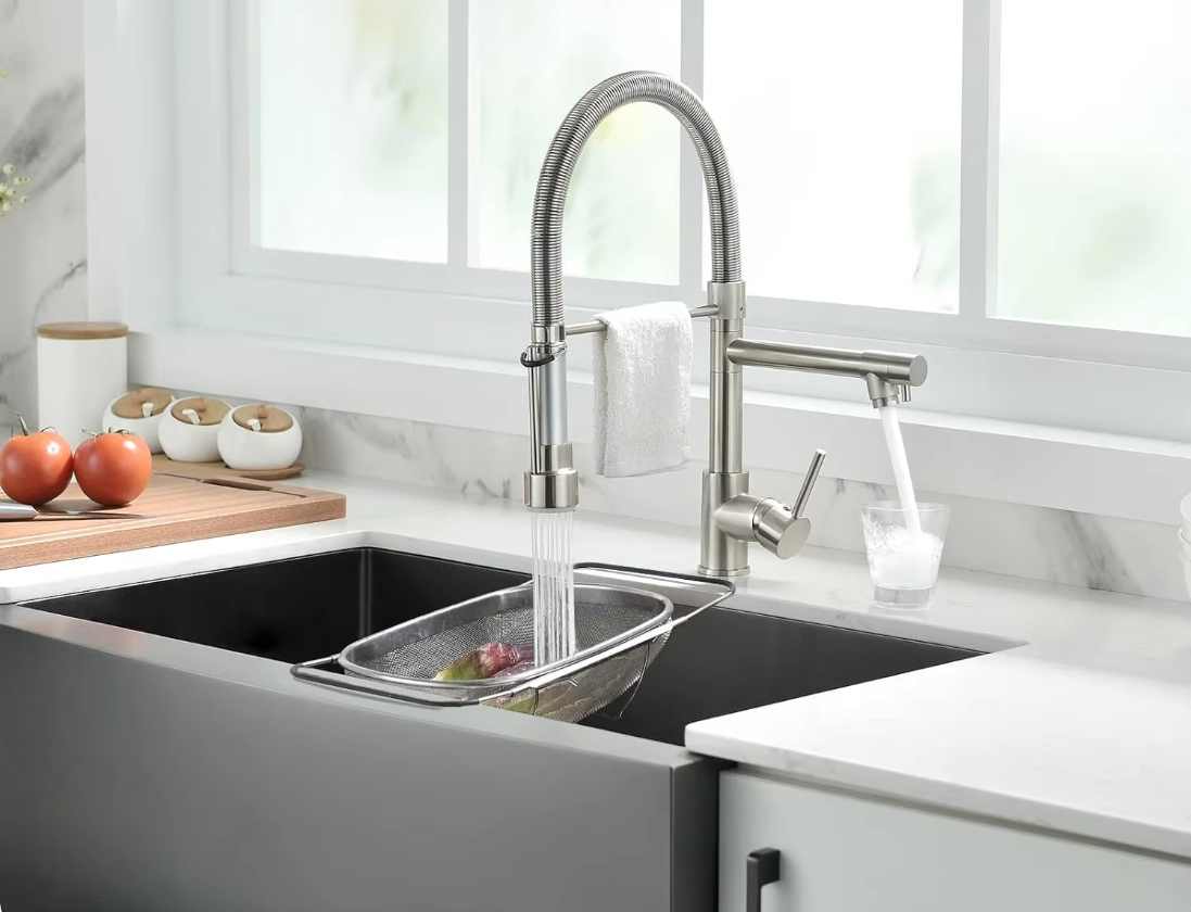 Змішувач для кухні з латуні зі стаціонарним і висувним виливом з нержавіючої сталі матовий Нікель - фото 4