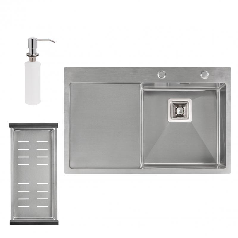 Кухонна мийка Q-tap DK7850R 3,0/1,2 мм Satin та сушарка/дозатор для миючого засобу (13978)