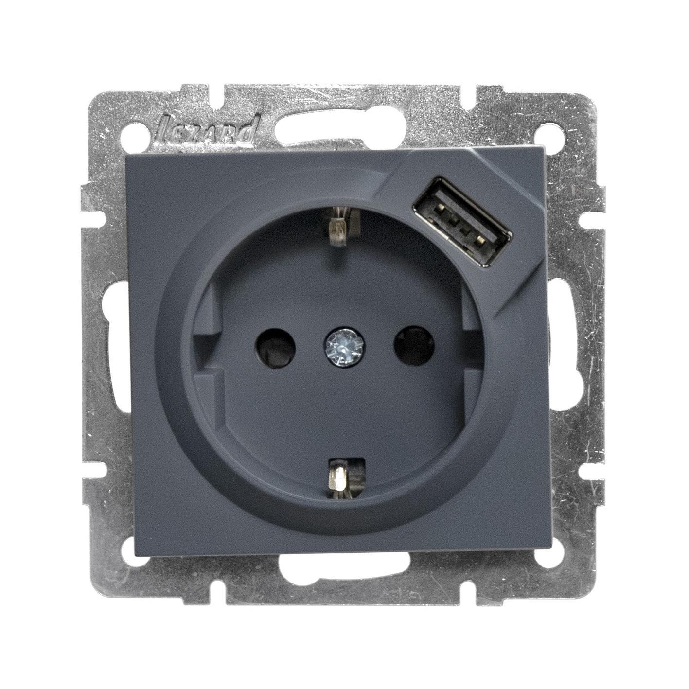 Розетка Lezard Vesna 1-я с заземлением и USB без рамки Шеффилд Грей (742-3488-181)