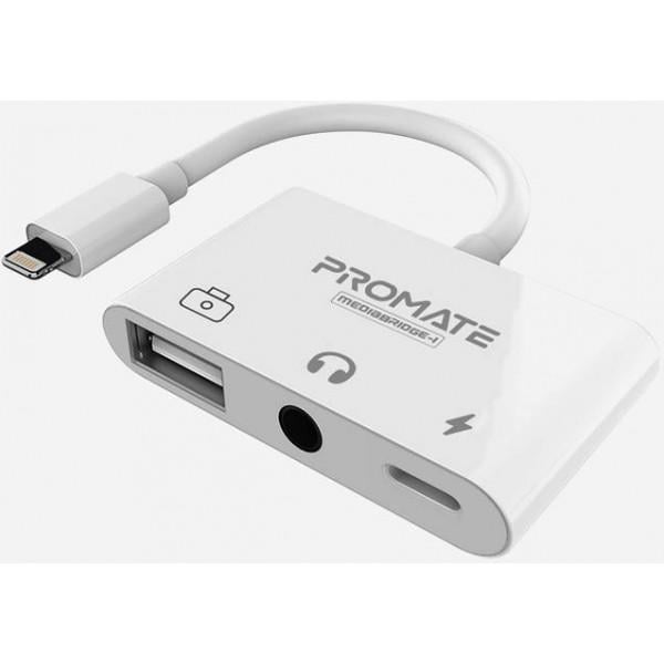 Адаптер Promate MediaBridge-i Lightning/USB 3.0 OTG AUX 3,5 мм 10Вт Lightning-in White