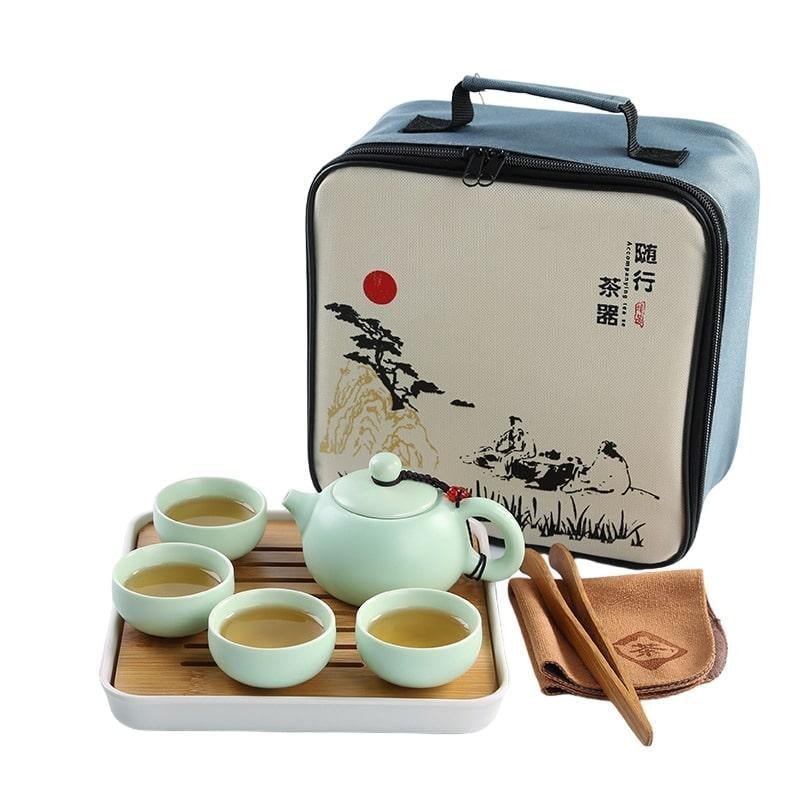 Набор для чайной церемонии дорожный UFT чайничек/4 пиалы/бамбуковая чабань/щипцы Green (TSET3)