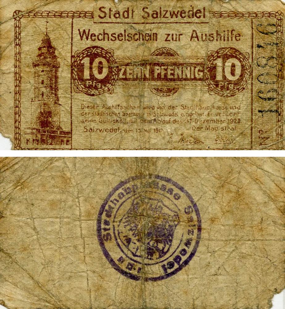 Колекційна банкнота Німеччина Нотгельд 10 пфеннігів 1920 F-VF Зальцведель (Б18431)