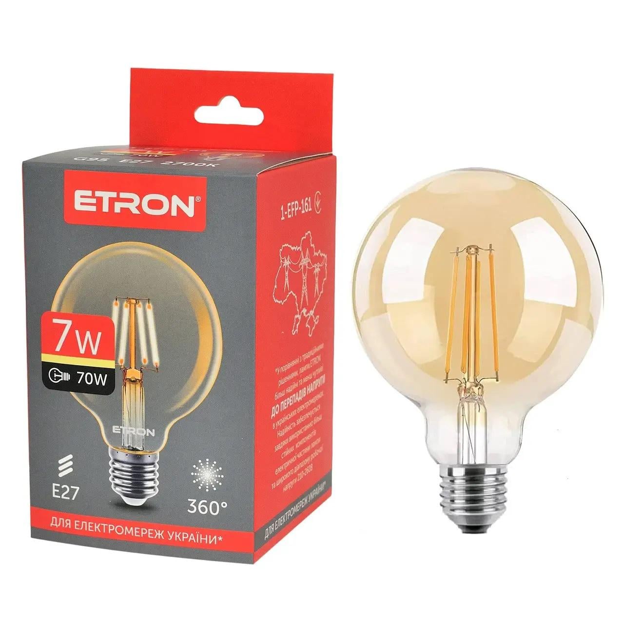 Лампа светодиодная ETRON Filament Power 1-EFP-161 G95 E27 7W Золотой