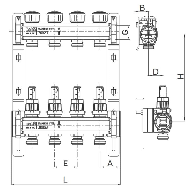 Коллектор Roho R804-06 1" x 6 выходов с расходомером и термостатическими клапанами (RO0038) - фото 2