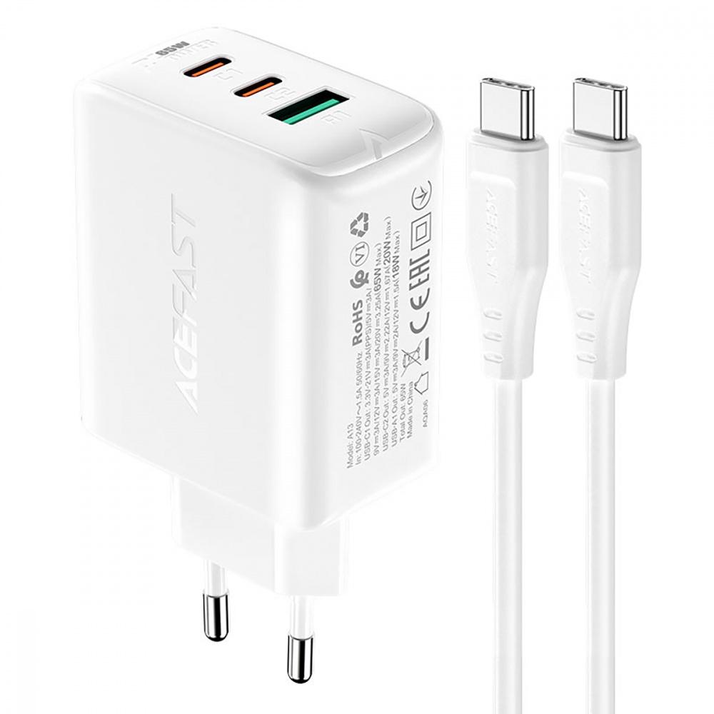 Зарядное устройство сетевое Acefast A13 PD 65 W 2 Type-C/USB 100 см White (540081)