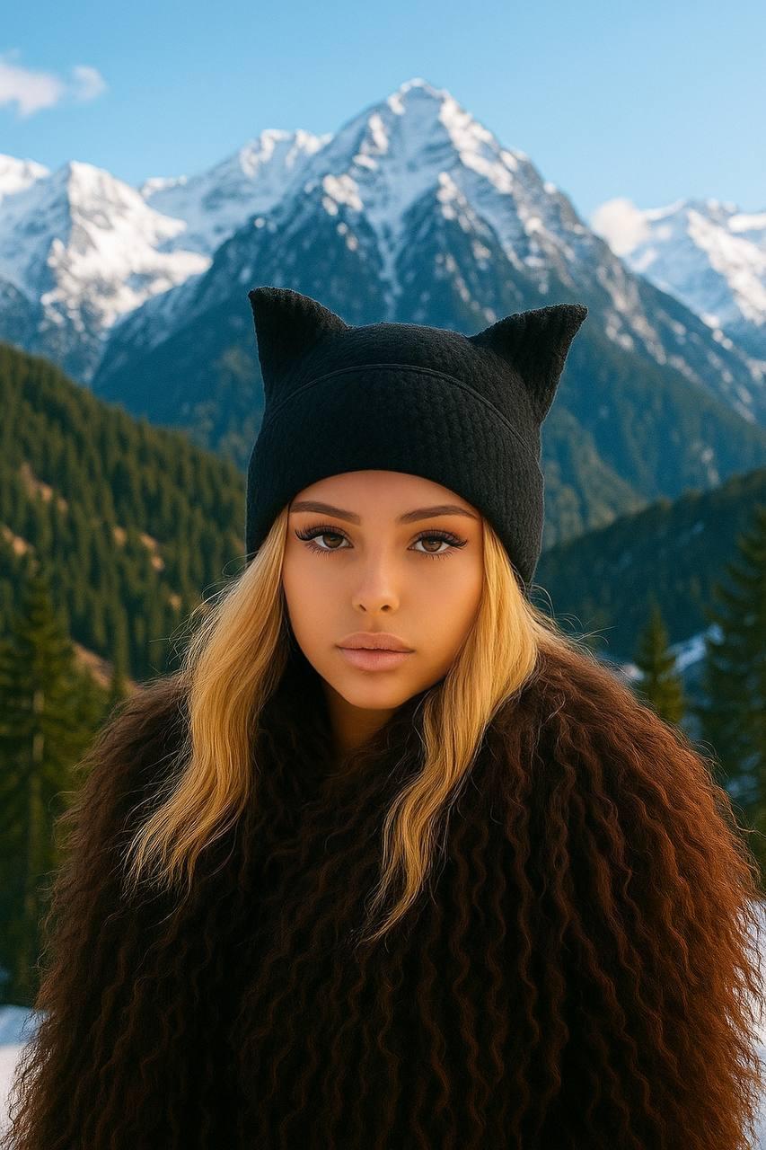 Шапка женская с ушами рожками стиль нулевых винтажная One size Черный (HB0387/2828273640)
