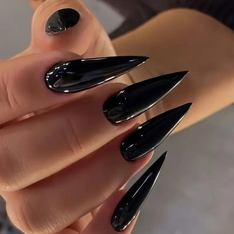 Накладні нігті довгі гострої мигдальної форми з клейовими пластинами 24 шт. Чорний (2789190704) - фото 3 Накладні нігті довгі гострої мигдальної форми з клейовими пластинами 24 шт. Чорний (2789190704) - фото 3
