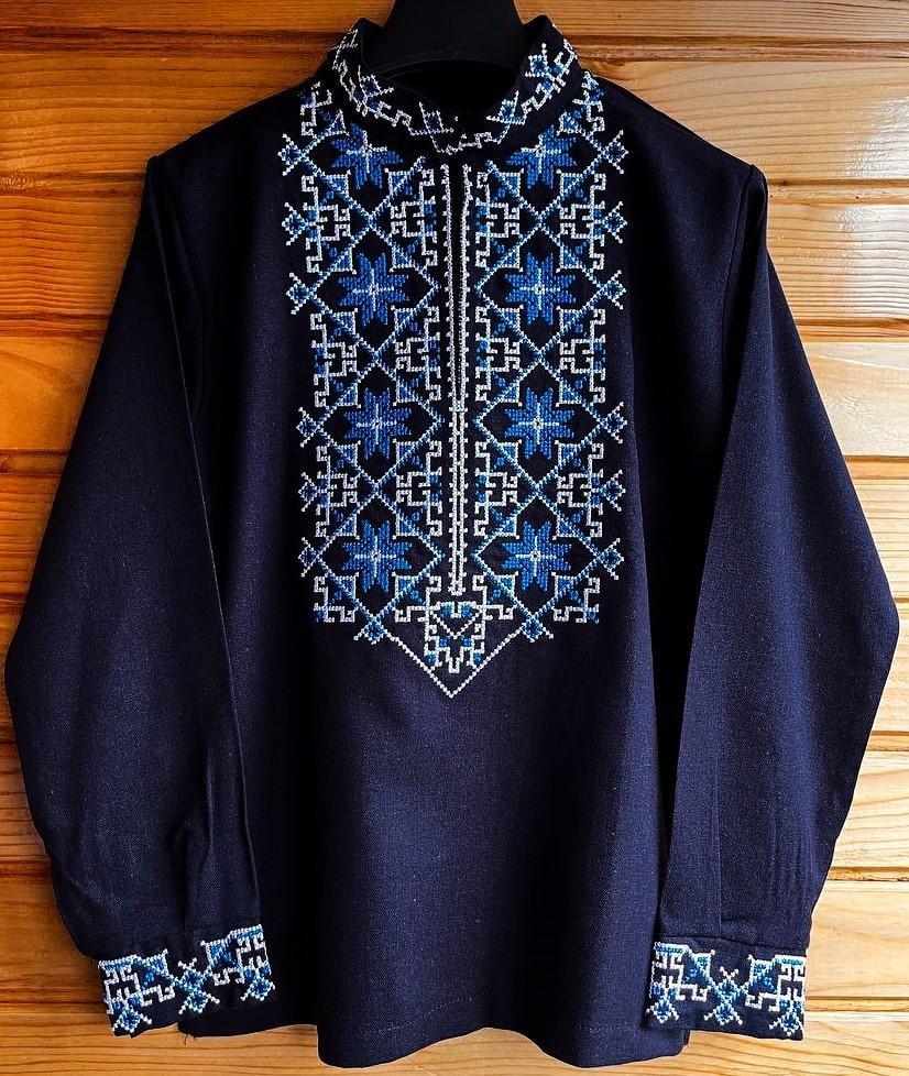 Вышиванка для мальчика с голубой и белой вышивкой из льна 158 см Темно-синий (2136600661) - фото 5