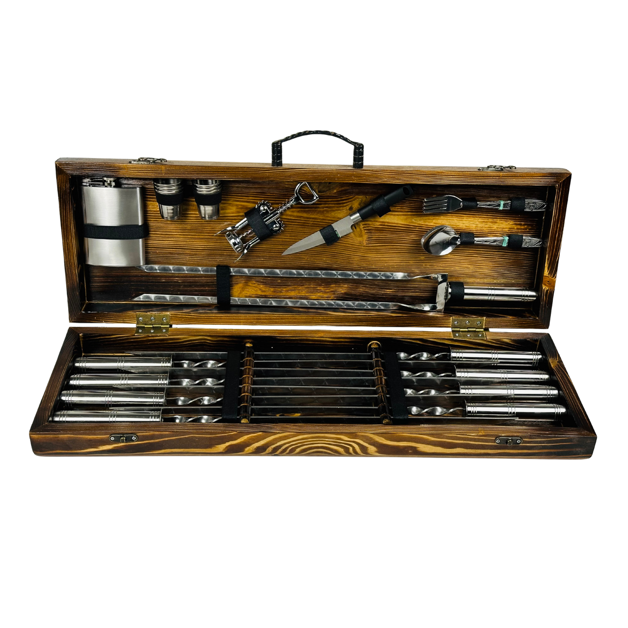 Набор шампуров Стальной из нержавеющей стали с аксессуарами в деревянном кейсе