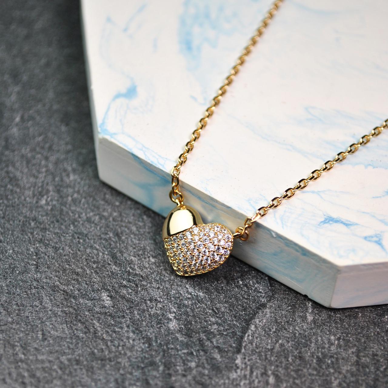 Кулон сердце с фианитами на цепочке медицинская сталь позолота (x209-2)