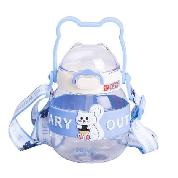 Пляшка для води дитяча з трубочкою з ручкою та ремінцем 15 см 580 мл Синій (6753)