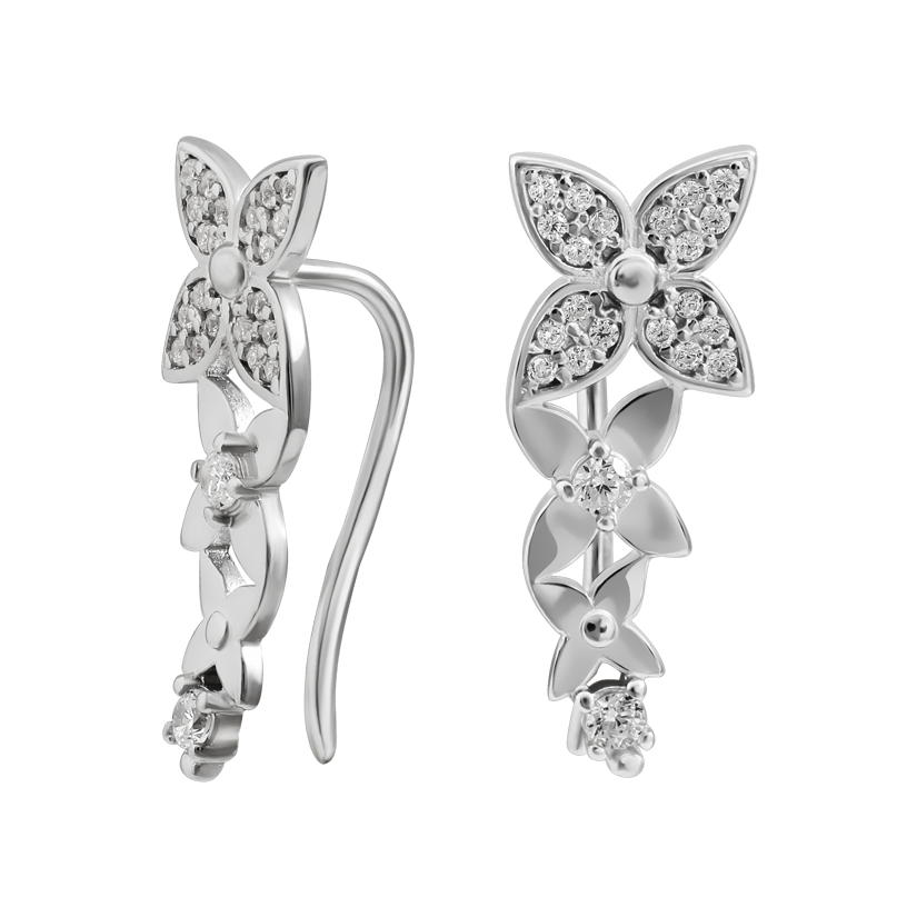 Серебряные серьги-кафы три цветка с мелкими белыми фианитами