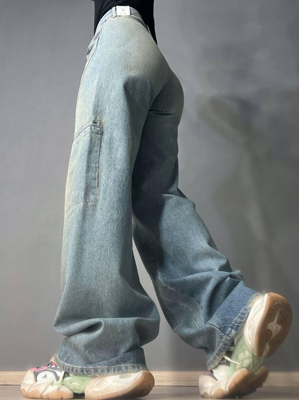 Джинсы женские ITS Basic 3123 cargo fit косой шов карманы сбоку винтаж широкие р. 34 Серо-зеленый (1378) - фото 4