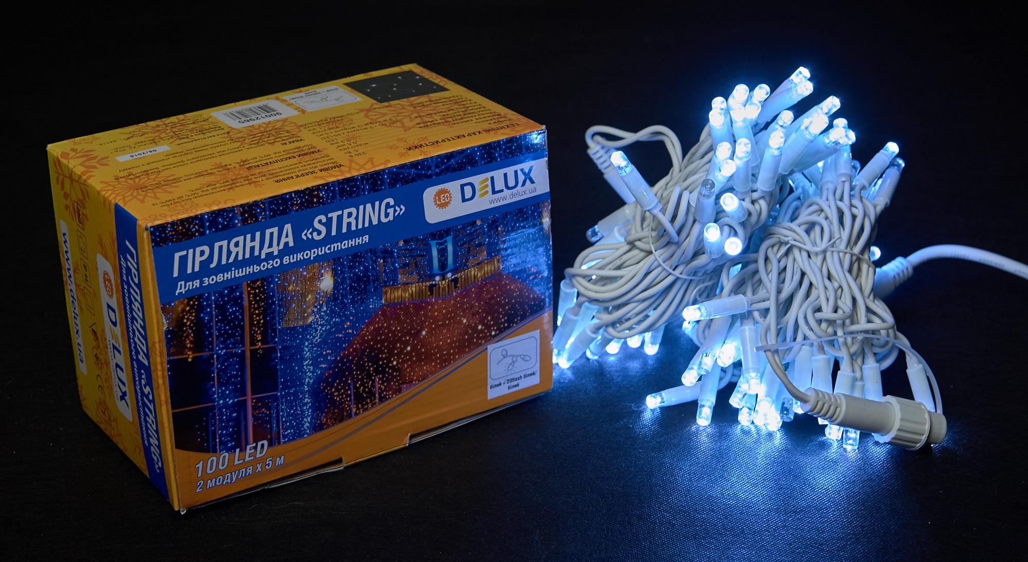 Гірлянда зовнішня Delux String 100 LED IP44 EN нитка 20 flash 2x5 м Білий/Білий (90012965) - фото 1 Гірлянда зовнішня Delux String 100 LED IP44 EN нитка 20 flash 2x5 м Білий/Білий (90012965) - фото 1