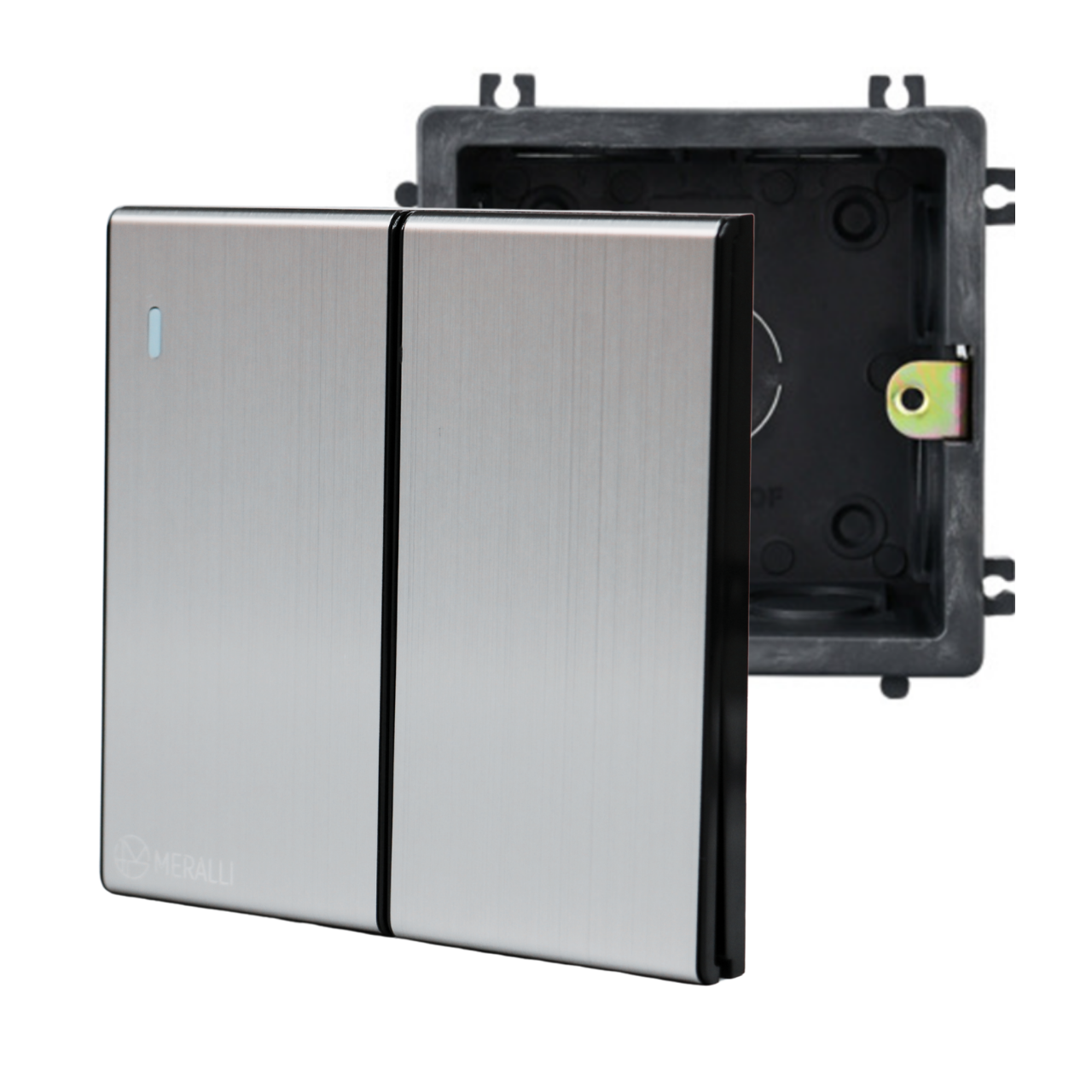 Комплект вимикач 2 клавішний MERALLI INOX безрамковий/квадратний підрозетник MERALLI модульний вбудований Чорний