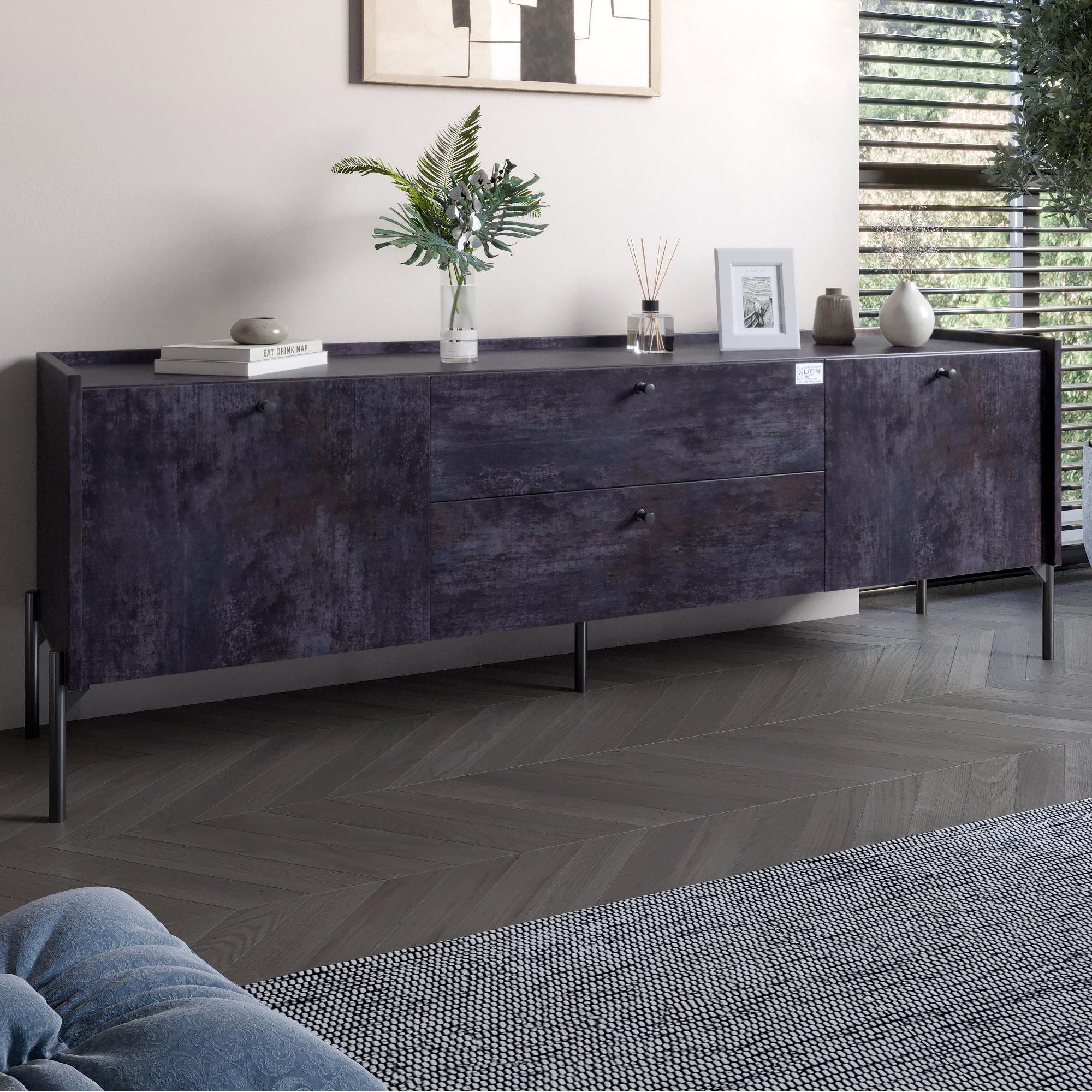 Тумба под телевизор с ящиками Lion Wood с черными ножками 180х50х40 см Бетон темный (000-000-2422)