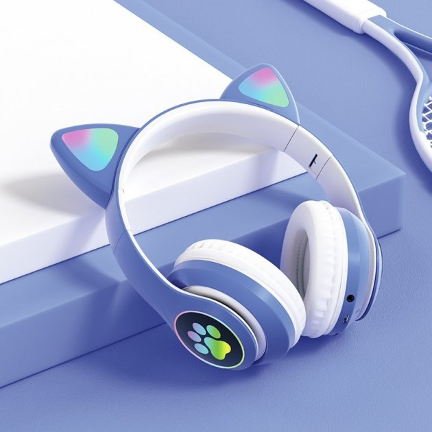 Наушники Кошачьи ушки беспроводные с подсветкой RGB и MP3 плеером Bluetooth/FM/Карта 32 Gb Blue - фото 4