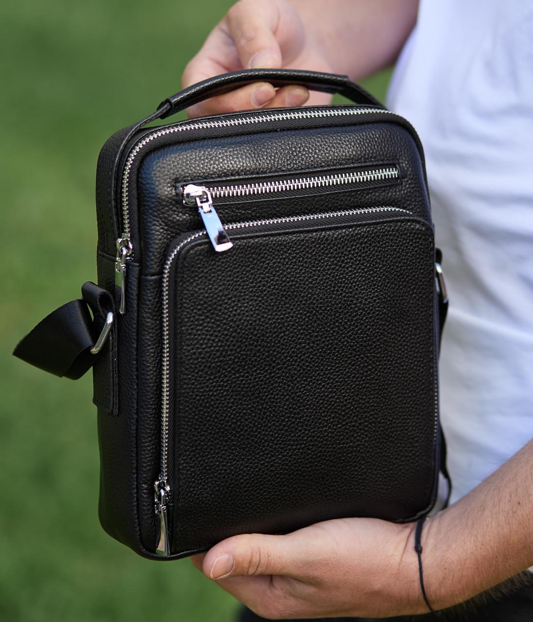 Сумка мужская Tiding Bag через плечо кожаная с ручкой Черный (M61693)