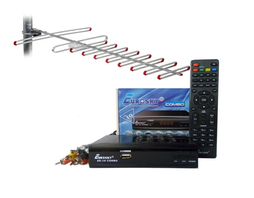 Комплект DVB-S2/T2 комбінований тюнер Eurosky ES-19 Combo/антена зовнішня SUPER 8 60 км/WiFi-адаптер