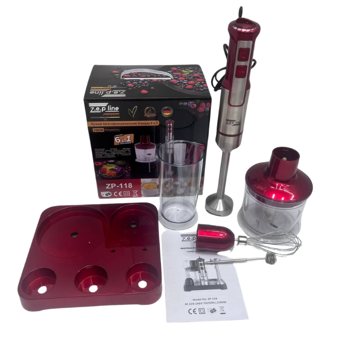 Блендер погружной Zepline 6в1 1500 Вт на подставке Красный (ZP-118-М2)