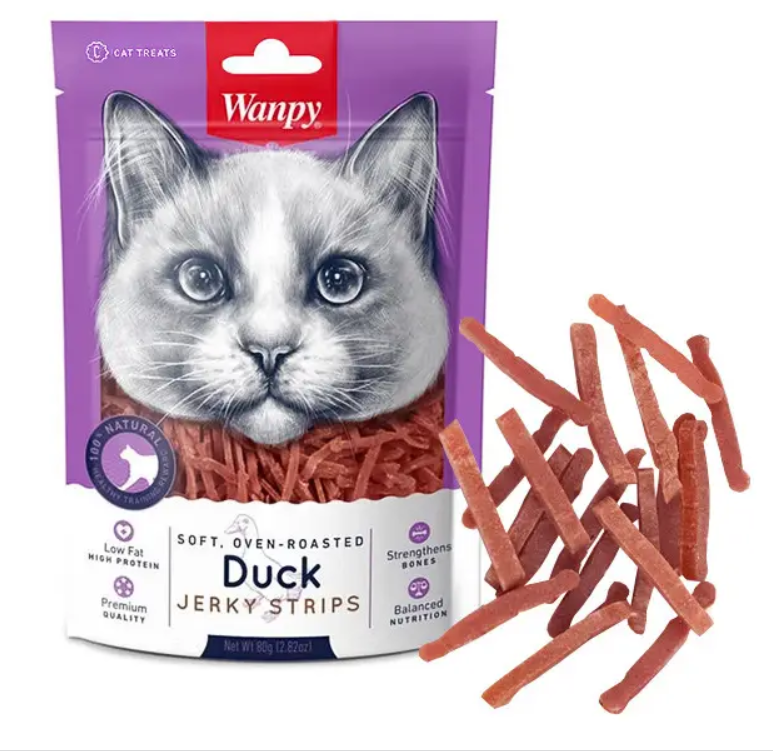 Ласощі для котів Wanpy soft duck jerky strips в'ялені смужки качиного філе 80 г