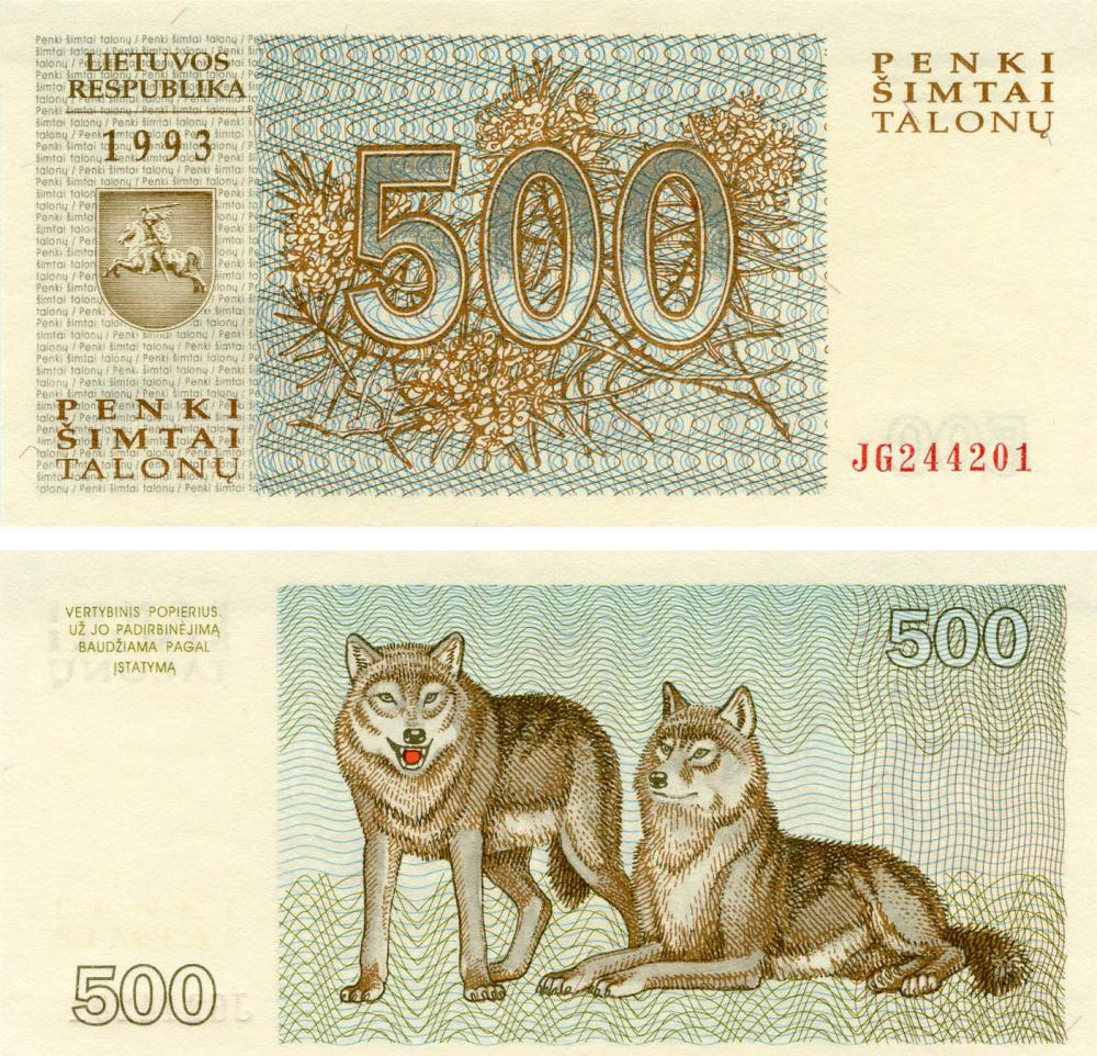 Коллекционная банкнота Литва 500 талонов 1993 UNC Волки P46 (Б07403)