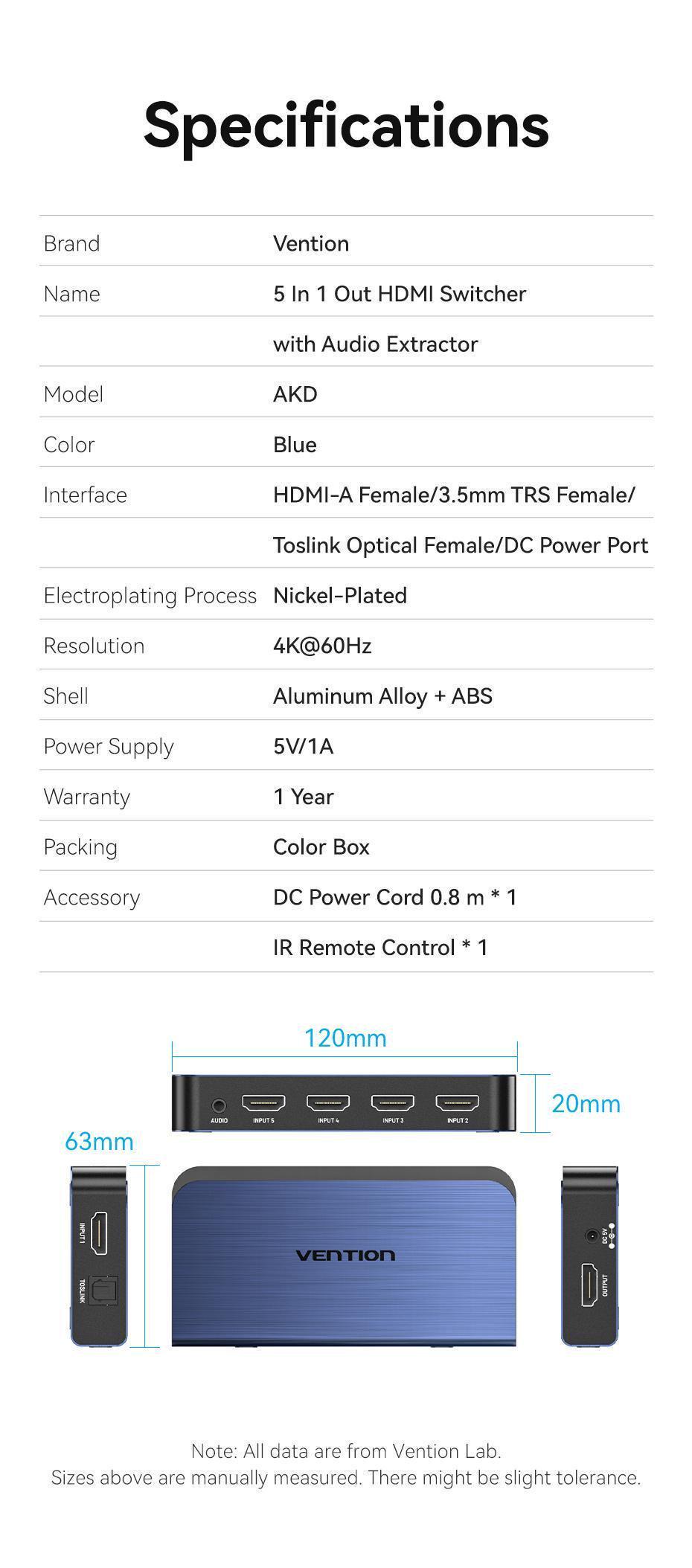 Комутатор HDMI Vention 5x1 з виведенням звуку Toslink 3,5 мм 4K 60Hz HDR HDMI 2.0 алюмінієвий з пультом ДК Синій (AKDL0) - фото 10 Комутатор HDMI Vention 5x1 з виведенням звуку Toslink 3,5 мм 4K 60Hz HDR HDMI 2.0 алюмінієвий з пультом ДК Синій (AKDL0) - фото 10
