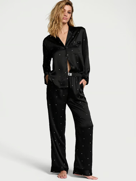 Піжама сорочка/штани сатинова Victoria's Secret Glazed Satin Dew Drop Long Pajama Set M Чорний (26933366)