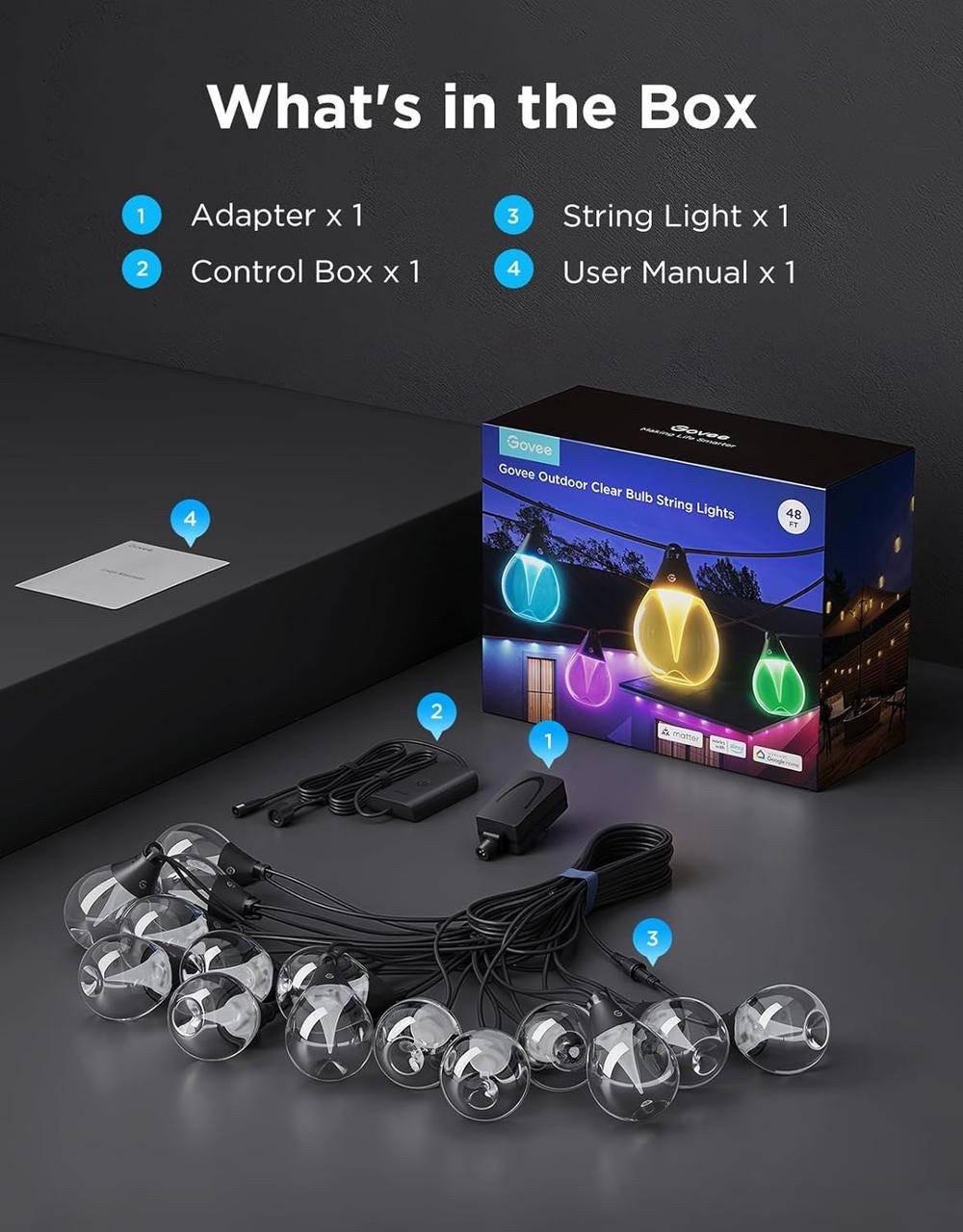 Гирлянда Govee Outdoor Clear Bulb String Lights 48 ft RGBWIC с 15 диммированными лампами IP67 - фото 5