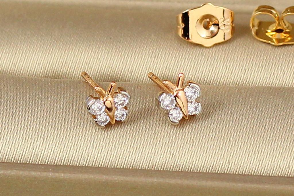 Серьги гвоздики Xuping Jewelry Бабочка с фианитовыми крылышками с родием 6 мм Золотистый