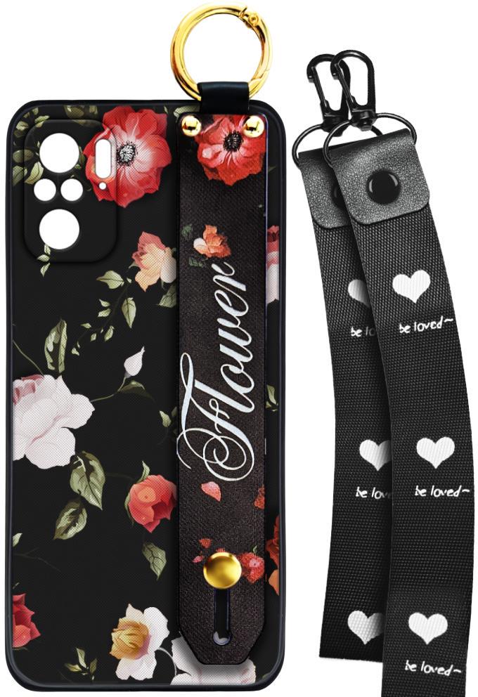 Чехол SHLab для Xiaomi Redmi Note 10S Flower Black + два ремешка с карабином (25876)
