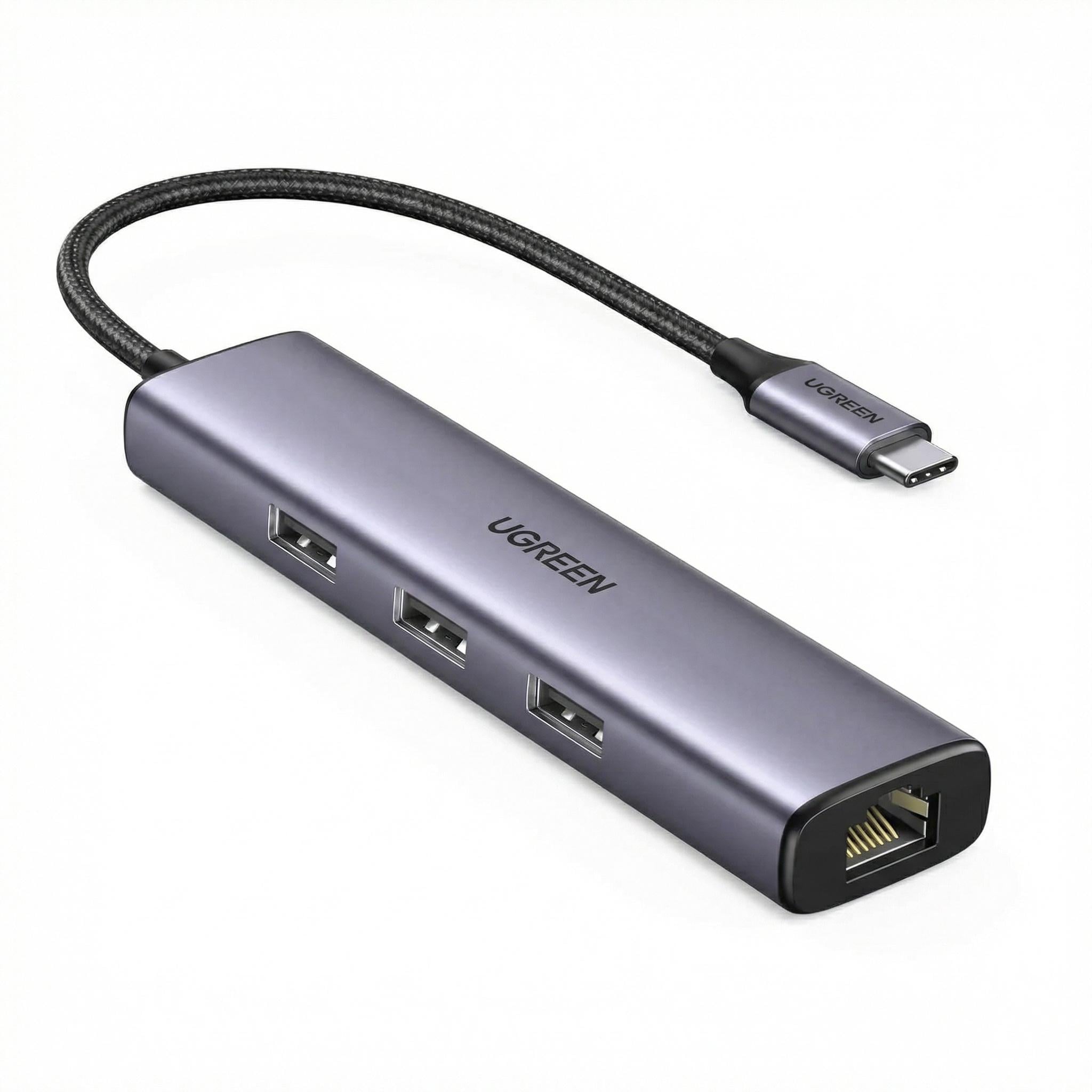 USB-хаб Type-C UGREEN CM475 3xUSB 3.0/RJ45 Темно-серый (60600)