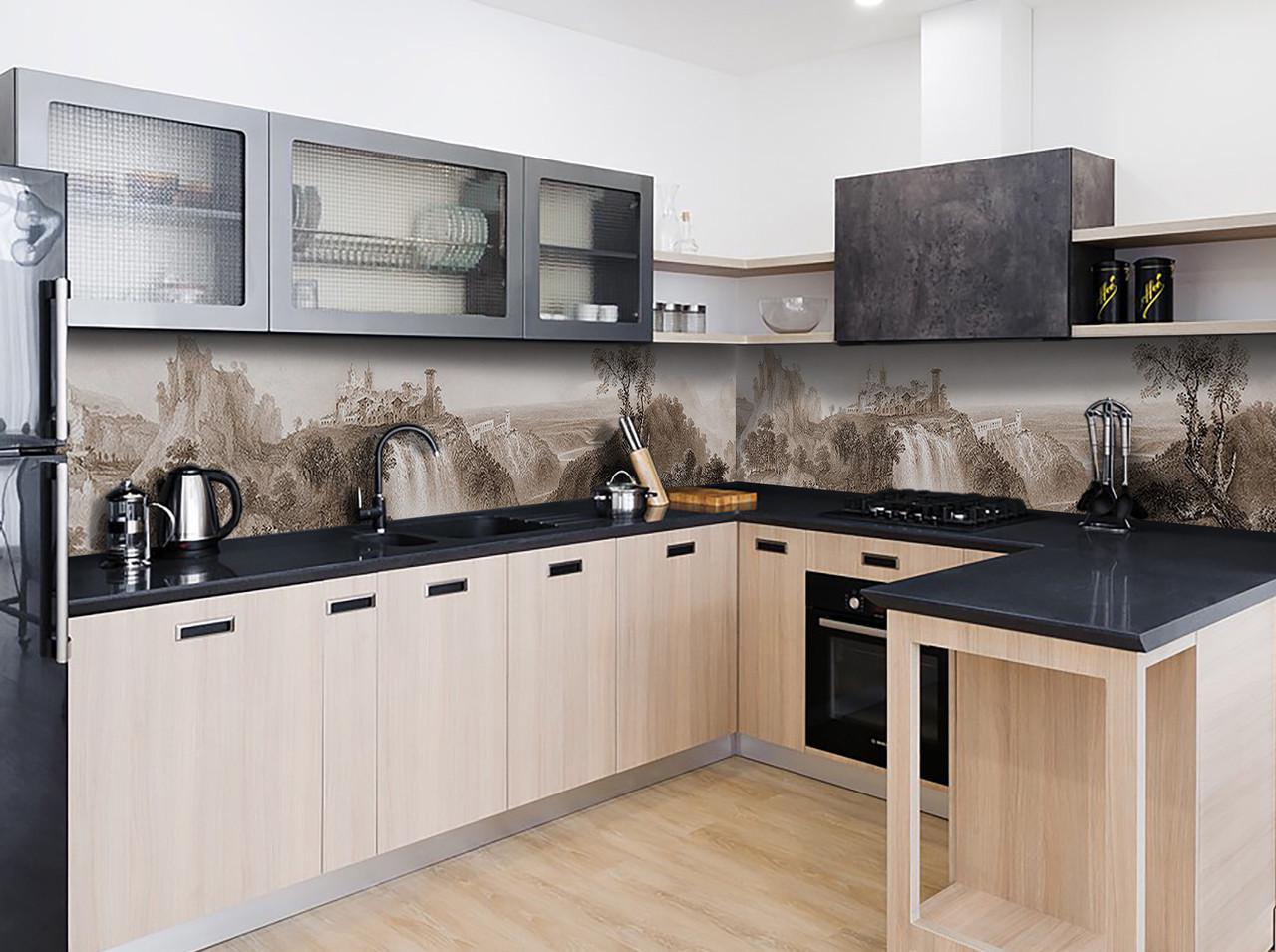 Кухонный фартук Винтаж замок на скале с самоклеющейся виниловой пленки 60х300 см Бежевый