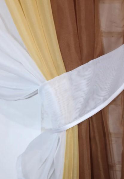 Комплект штор на кухню/балкон с подвязками шифон 300х170 см Коричневый/Янтарый/Белый (054к) - фото 2 Комплект штор на кухню/балкон с подвязками шифон 300х170 см Коричневый/Янтарый/Белый (054к) - фото 2