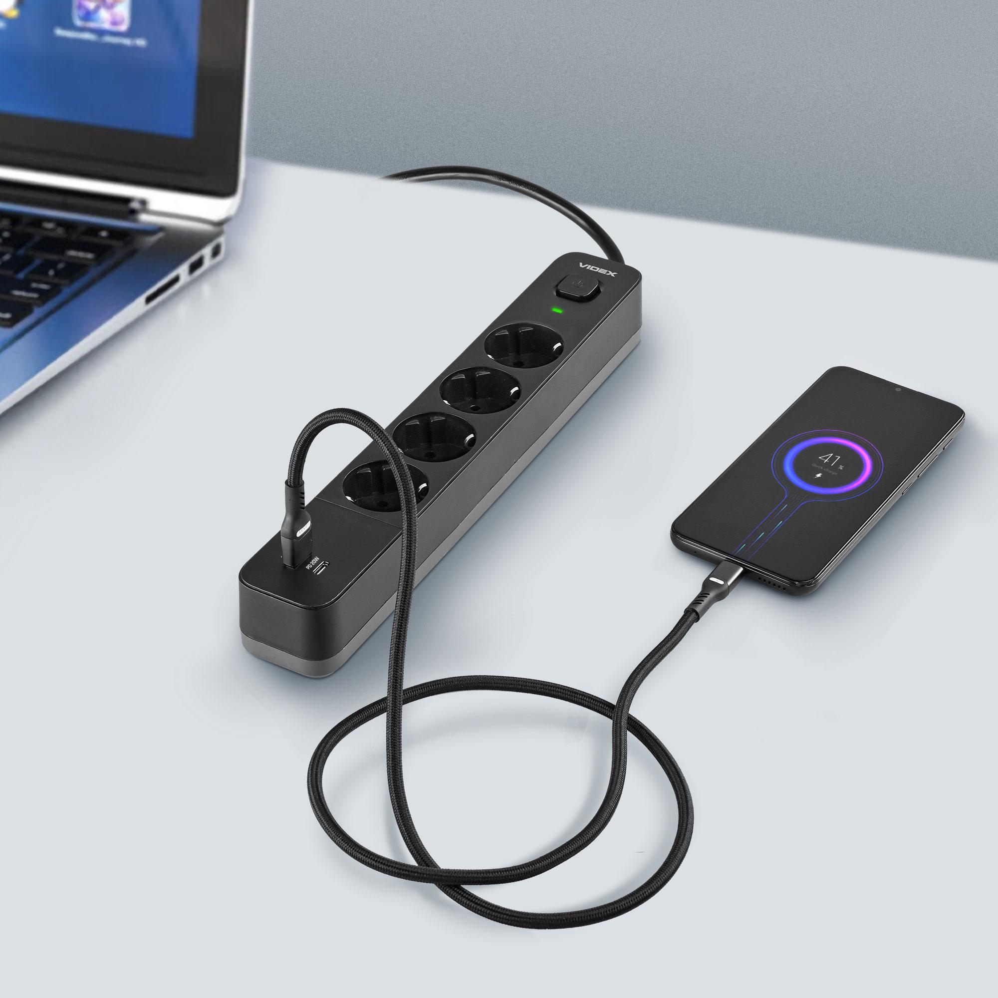 Подовжувач Videx ONCORD USB-QC 3.0/USB-C 4 гнізда із заземленням/кнопкою/шторками 3,4А 20W 3 м Чорний (VF-PD43G1QC1PD-B) - фото 12
