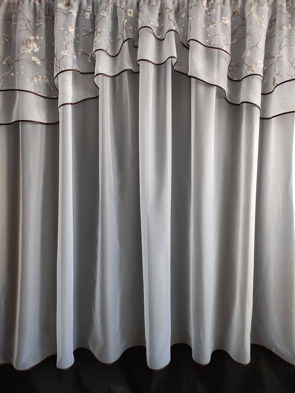 Тюль на окно Сакура с двойным ламбрекеном 290х170 см Белый с коричневым (сакура-02) - фото 1 Тюль на окно Сакура с двойным ламбрекеном 290х170 см Белый с коричневым (сакура-02) - фото 1