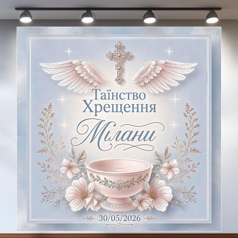 Баннер для фотозоны Крещение с крыльями ангела, купелью и золотыми ветками 160х160см, №48007 Баннер для фотозоны Крещение с крыльями ангела, купелью и золотыми ветками 160х160см, №48007