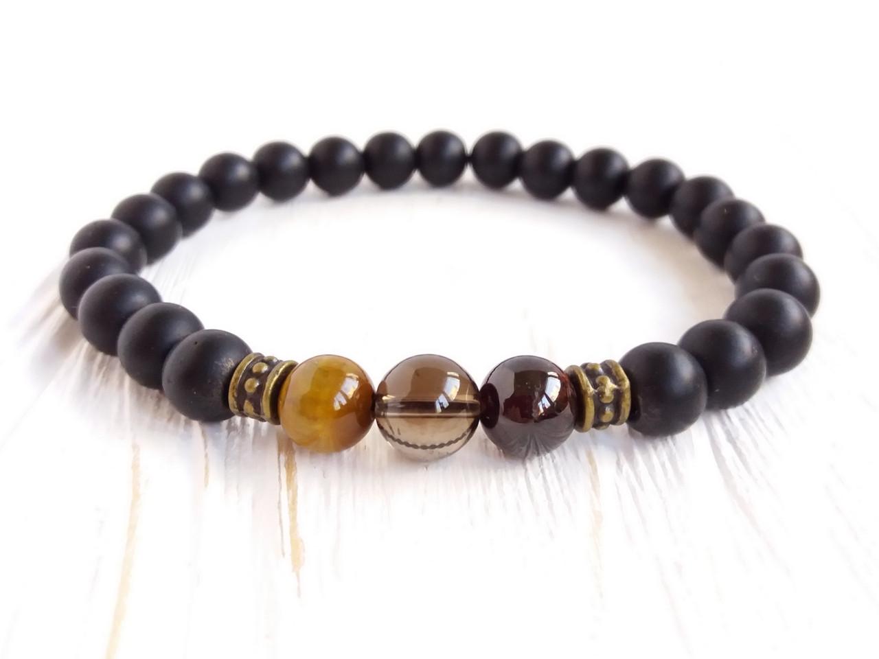 Браслет Черный Оникс/Гранат/Дымчатый кварц/Тигровый глаз (1112538860)