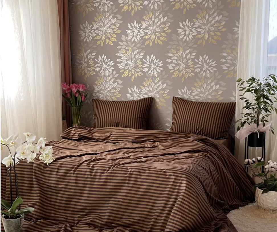 Комплект постільної білизни Gold У смужку євро Коричневий (N21) - фото 1