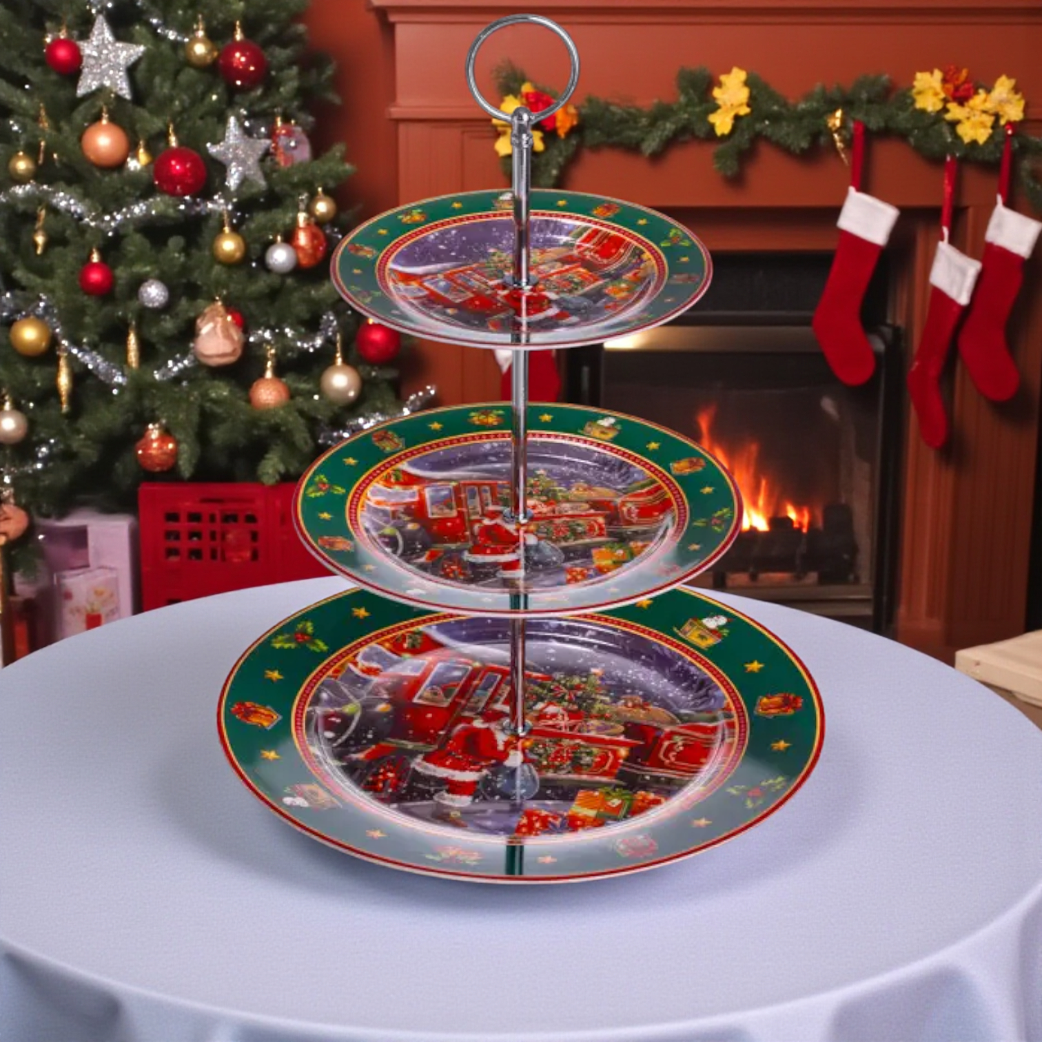 Етажерка порцелянова 3-ярусна кругла для фруктів та десертів Santa з різдвяним принтом 34 см Різнокольоровий (HP-SDHK-9) - фото 2 Етажерка порцелянова 3-ярусна кругла для фруктів та десертів Santa з різдвяним принтом 34 см Різнокольоровий (HP-SDHK-9) - фото 2