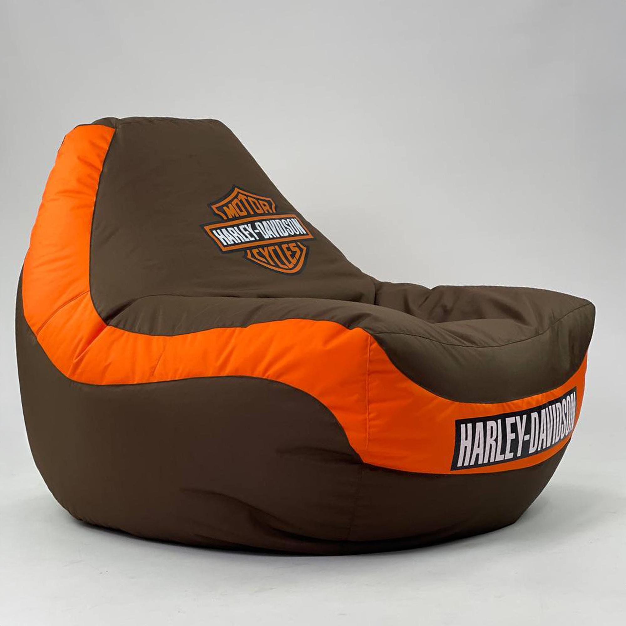 Бескаркасное кресло Болид Оксфорд с принтом Harley-Davidson XXL 70x110x110 см Шоколадный/Оранжевый (100039)