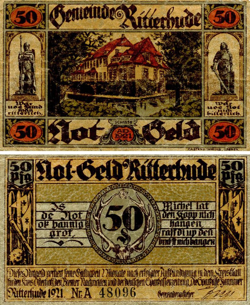 Коллекционная банкнота Германия Нотгельд 50 пфеннигов 1921 F-VF Риттерхуде (Б18655)