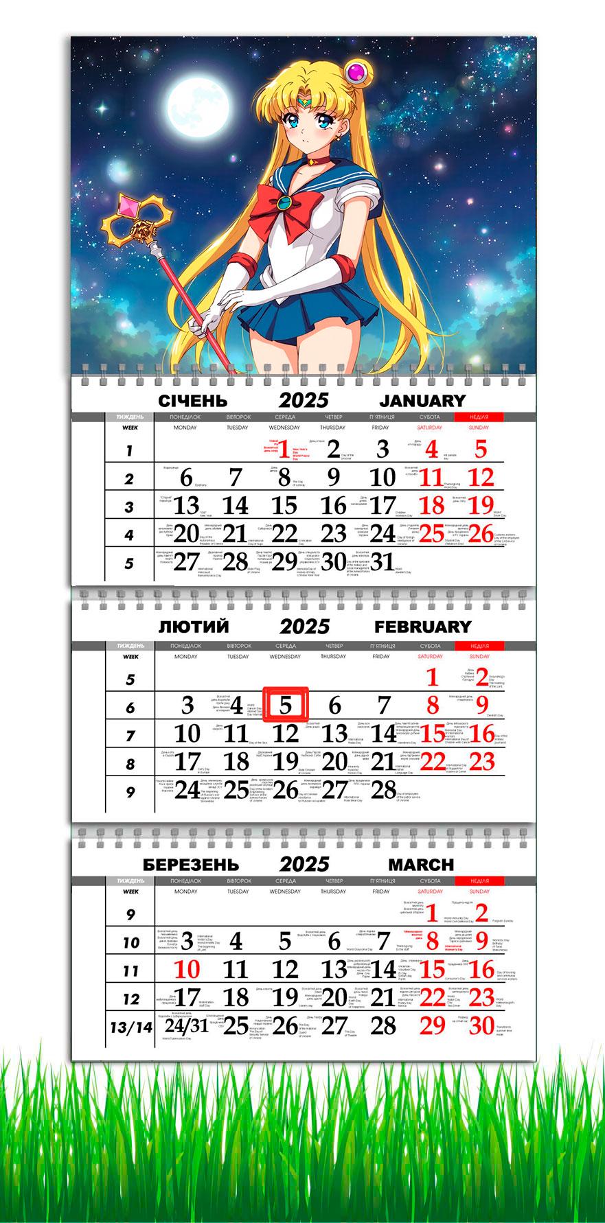 Календарь настенный квартальный на 2025 год APRIORI Сейлормун на 3 пружины 30х61 см (UA3045) Календарь настенный квартальный на 2025 год APRIORI Сейлормун на 3 пружины 30х61 см (UA3045)