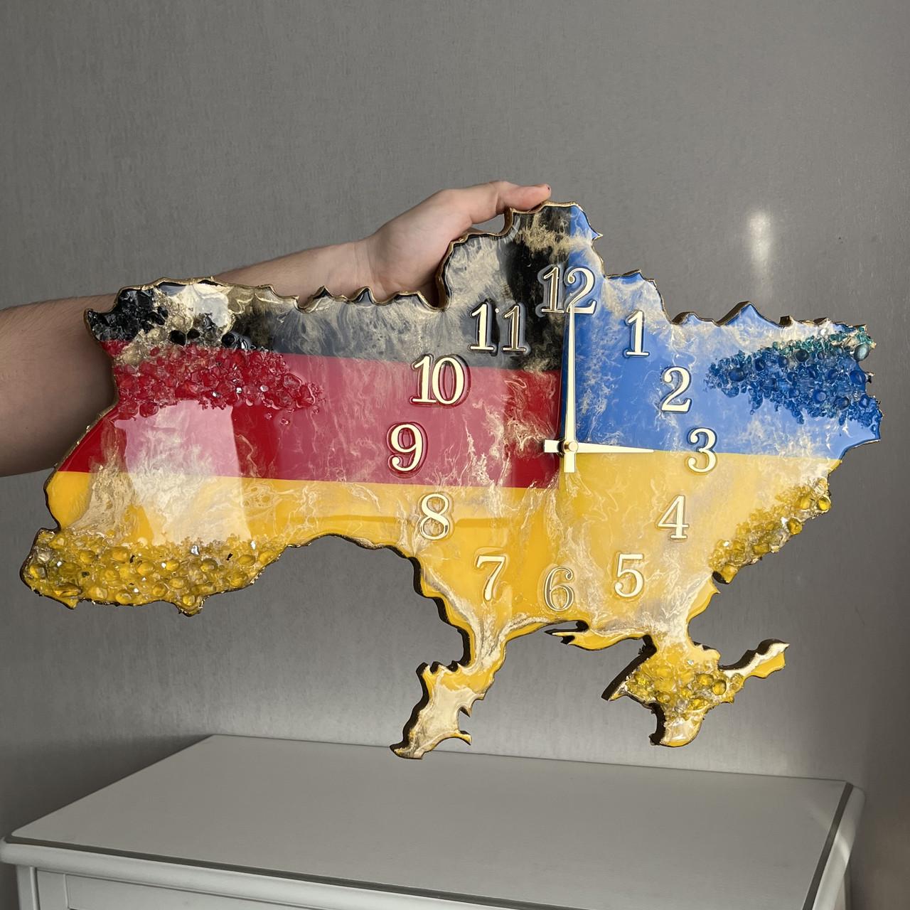 Часы настенные из эпоксидной смолы Карта Украины с Германией 80х51 см