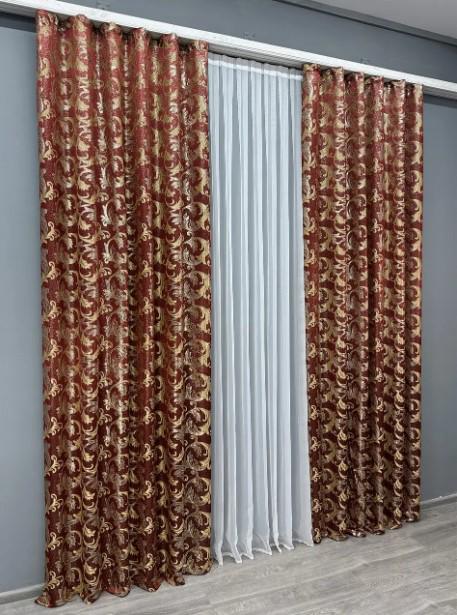 Тканина для штор жакард Завиток 1,45 м Бордовий/Золотистий (1650ш) - фото 4